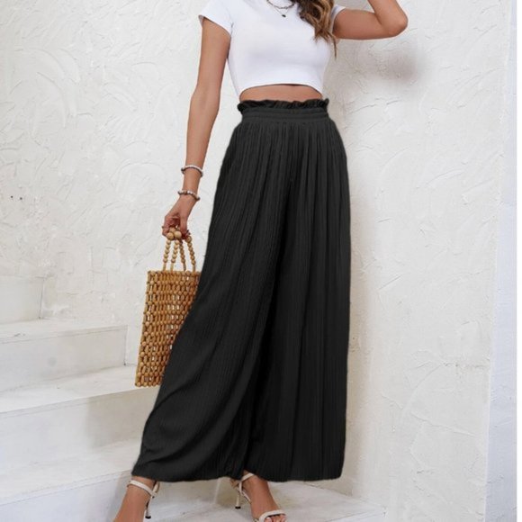 Black Pleated Paperbag Waist Wide Leg Pants - Picture 4 of 5